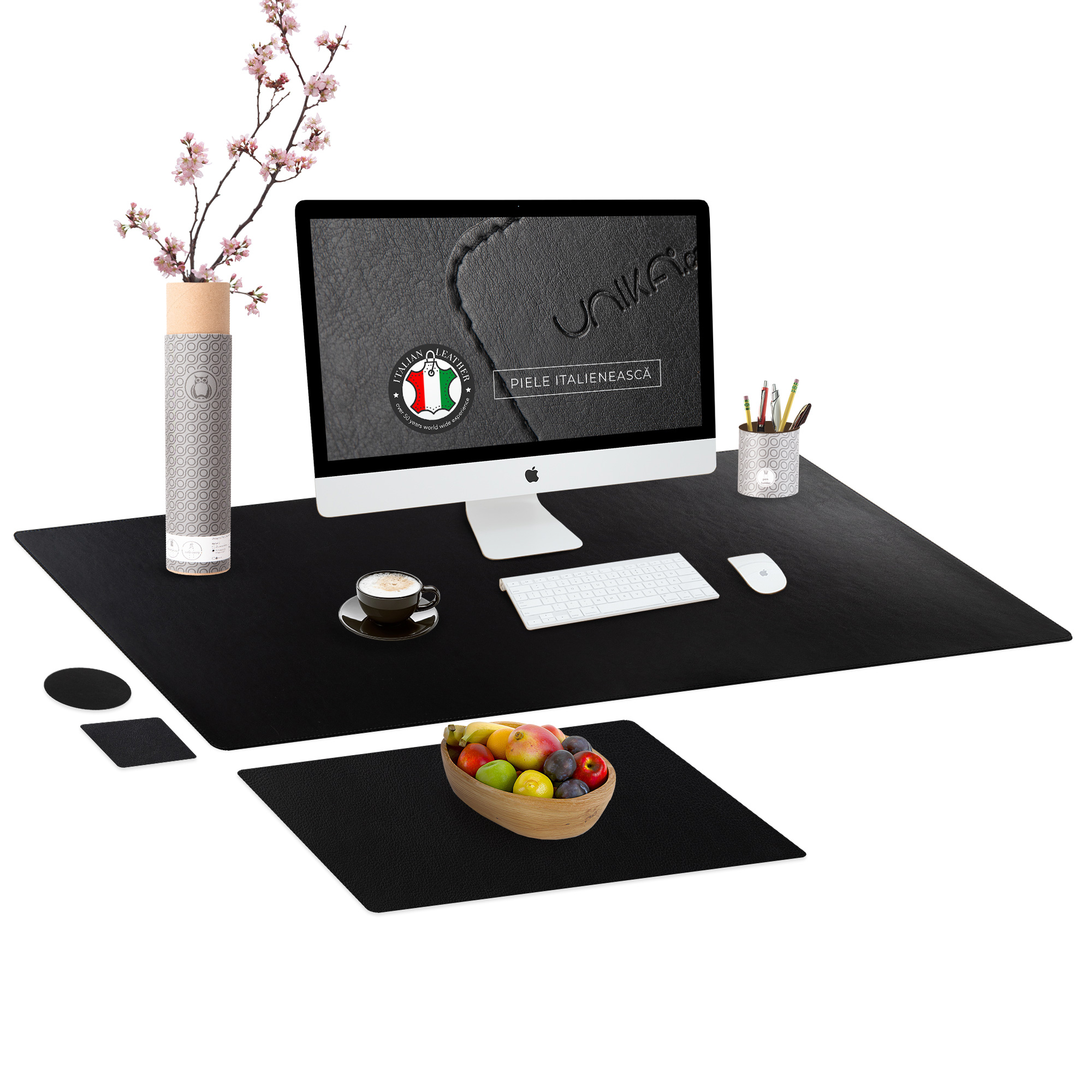 Set mapa birou Office pentru protectie  Unika  din piele PU  1 suport farfurie si 2 suporturi pahar  negru  89 cm